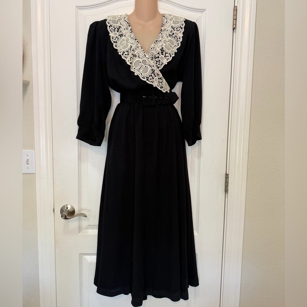 VTG 80s Jane Singer Black Cream Lace Dress Romantic Witchy Whimsygoth Prairie 14 - Picture 4 of 13